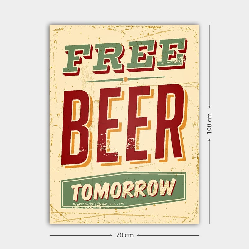 Canvastavla 70x100 cm - Vintage affisch med texten FREE BEER TOMORROW i en lekfull och rustik stil - Röd / Grön / Beige - Inredning & dekor - Tavlor & konst - Canvastavla