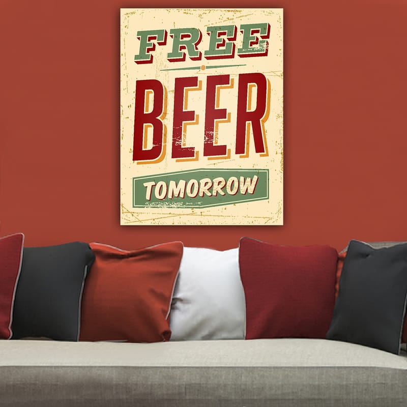 Canvastavla 70x100 cm - Vintage affisch med texten FREE BEER TOMORROW i en lekfull och rustik stil - Röd / Grön / Beige - Inredning & dekor - Tavlor & konst - Canvastavla