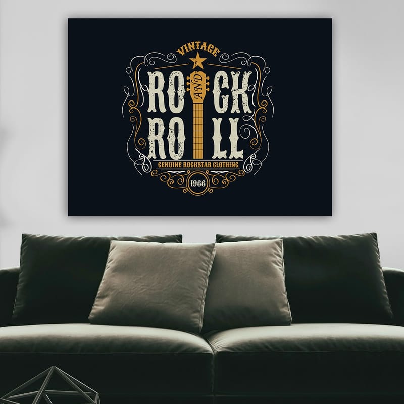 Canvastavla 70x100 cm - Vintage rock and roll-design med en gitarr och dekorativa element - Mörkblå / Beige / Vit - Inredning & dekor - Tavlor & konst - Canvastavla
