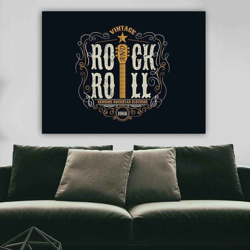 Canvastavla 70x100 cm - Vintage rock and roll-design med en gitarr och dekorativa element - Mörkblå / Beige / Vit - Inredning & dekor - Tavlor & konst - Canvastavla