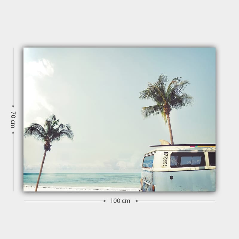 Canvastavla 70x100 cm - Vintage skåpbil vid stranden med palmer och hav i bakgrunden - Ljusblå / Vit / Grön - Inredning & dekor - Tavlor & konst - Canvastavla
