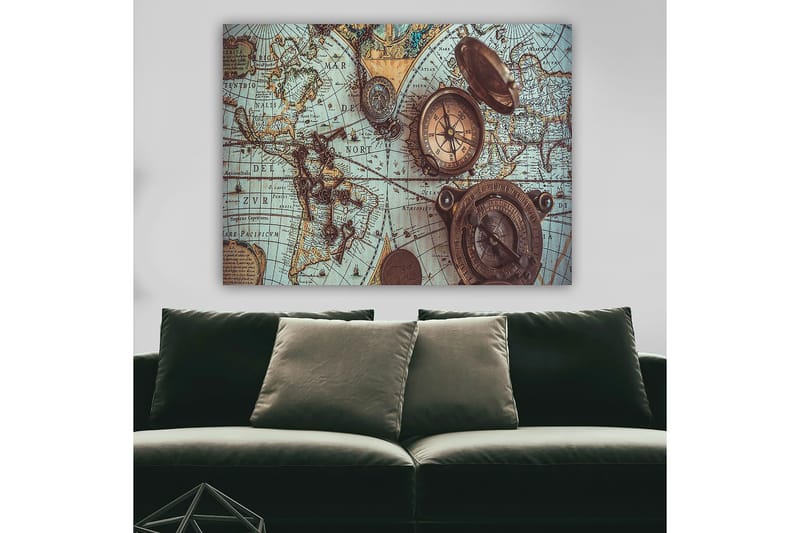Canvastavla 70x100 cm - Vintage världskarta med kompasser och nycklar som huvudmotiv - Blå / Brun / Guld - Inredning & dekor - Tavlor & konst - Canvastavla