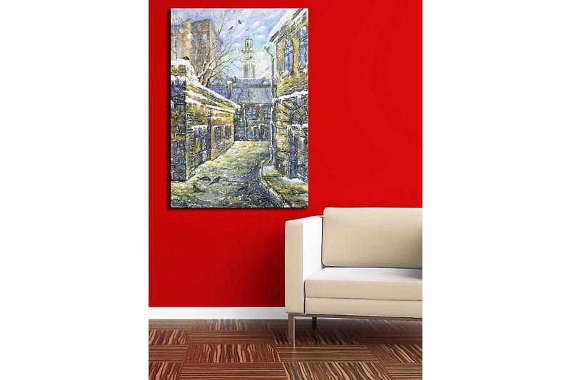 Canvastavla 70x100 cm - Vintergata omgiven av gamla byggnader med snö på taken - Gult / Blått / Vitt - Inredning & dekor - Tavlor & konst - Canvastavla