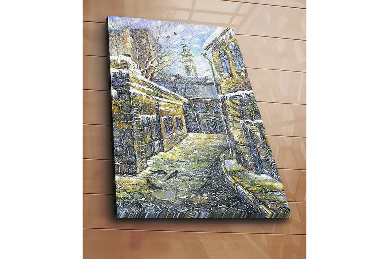 Canvastavla 70x100 cm - Vintergata omgiven av gamla byggnader med snö på taken - Gult / Blått / Vitt - Inredning & dekor - Tavlor & konst - Canvastavla
