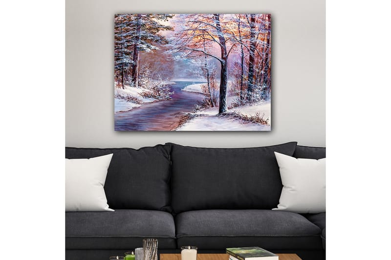 Canvastavla 70x100 cm - Vinterlandskap med snöklädda träd och en spegelblanka flod - Vit / Ljusblå / Ljusrosa - Inredning & dekor - Tavlor & konst - Canvastavla