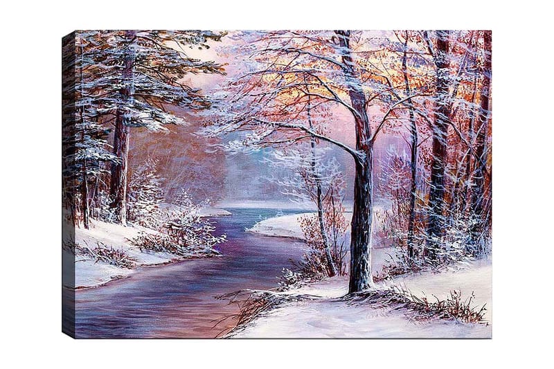 Canvastavla 70x100 cm - Vinterlandskap med snöklädda träd och en spegelblanka flod - Vit / Ljusblå / Ljusrosa - Inredning & dekor - Tavlor & konst - Canvastavla