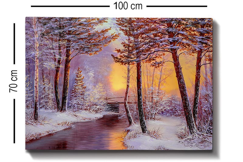 Canvastavla 70x100 cm - Vinterlandskap med snötäckta träd och en stilla flod i solnedgångens ljus - Vit / Orange / Brun - Inredning & dekor - Tavlor & konst - Canvastavla
