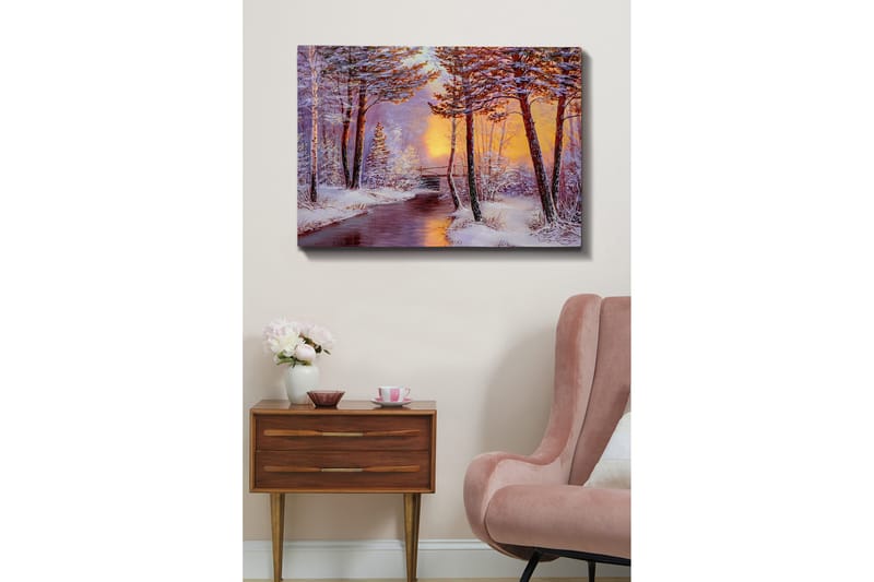 Canvastavla 70x100 cm - Vinterlandskap med snötäckta träd och en stilla flod i solnedgångens ljus - Vit / Orange / Brun - Inredning & dekor - Tavlor & konst - Canvastavla