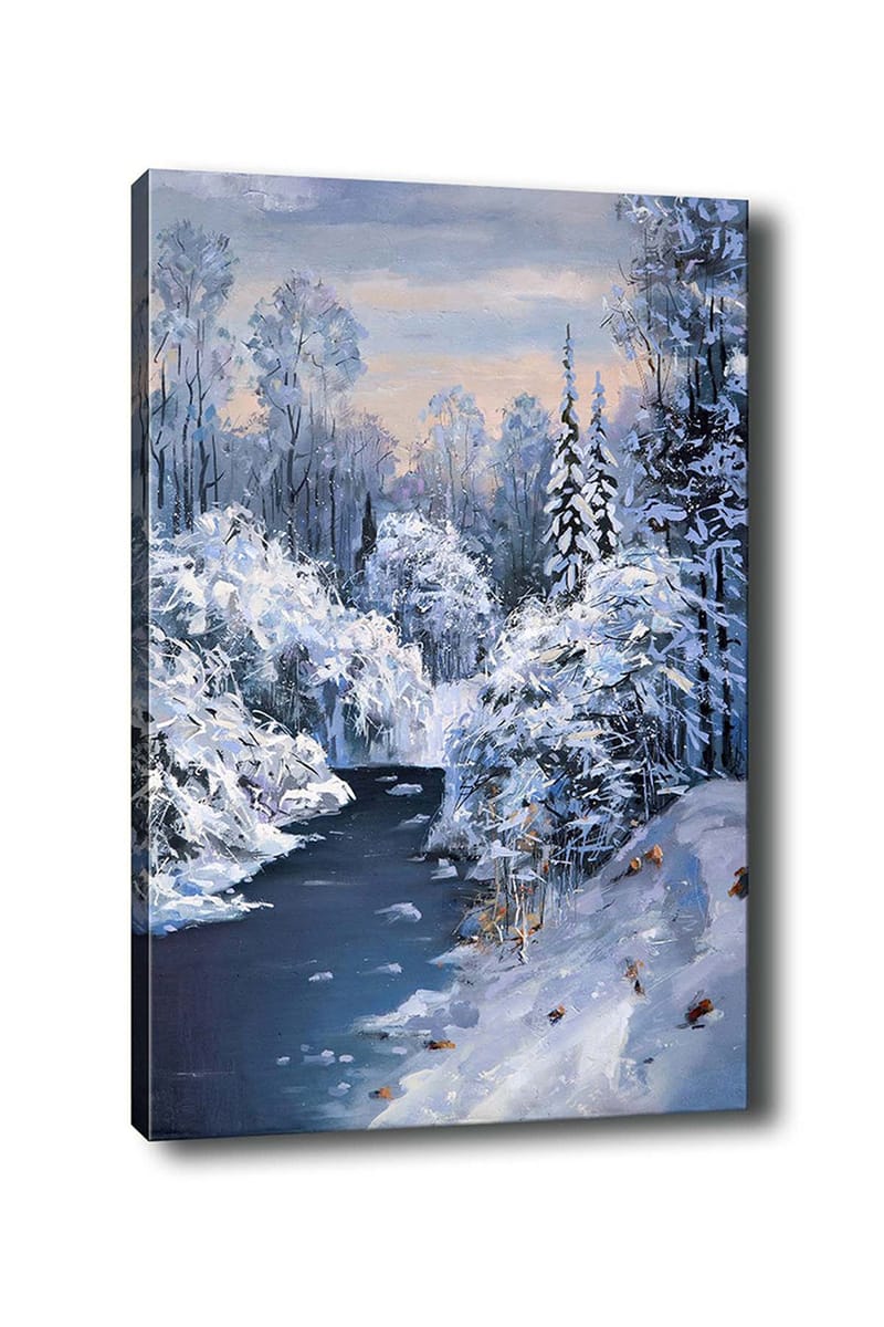 Canvastavla 70x100 cm - Vinterlandskap med snötäckta träd och en stilla flod, Vit / Blå / Grå