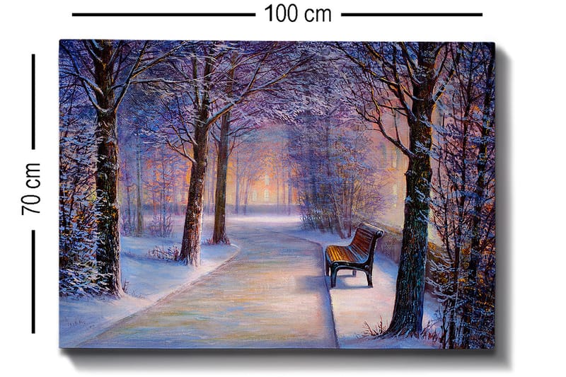 Canvastavla 70x100 cm - Vinterpromenad med snötäckta träd och en ensam bänk längs en stig - Blå / Vit / Grå - Inredning & dekor - Tavlor & konst - Canvastavla