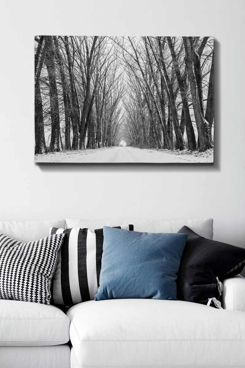 Canvastavla 70x100 cm - Vinterväg omgiven av nakna träd som skapar en stämningsfull och stillsam atmosfär - Svart / Vitt / Grått - Inredning & dekor - Tavlor & konst - Canvastavla