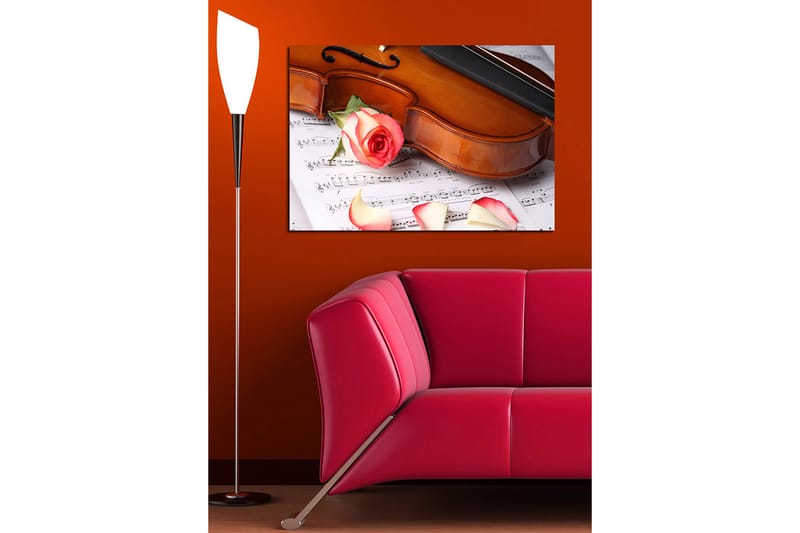 Canvastavla 70x100 cm - Violin med en ros och rosblad på ett notblad - Röd / Beige / Brun - Inredning & dekor - Tavlor & konst - Canvastavla