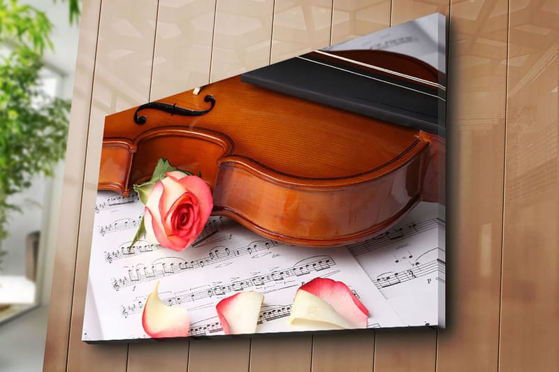 Canvastavla 70x100 cm - Violin med en ros och rosblad på ett notblad - Röd / Beige / Brun - Inredning & dekor - Tavlor & konst - Canvastavla