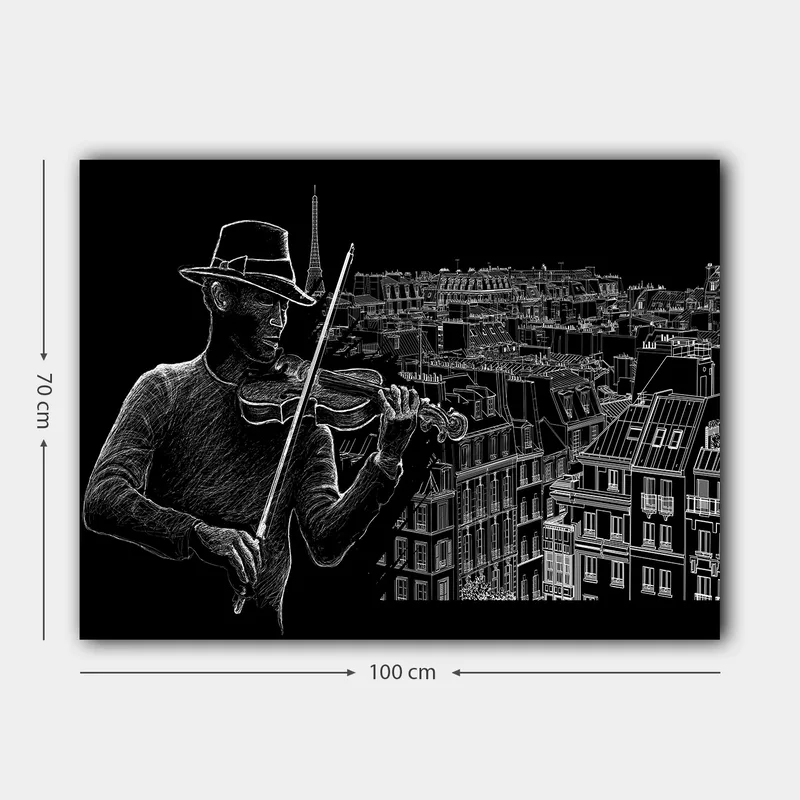 Canvastavla 70x100 cm - Violinist spelar musik mot en stadssilhuett med Eiffeltornet i bakgrunden - Svart / Vit - Inredning & dekor - Tavlor & konst - Canvastavla
