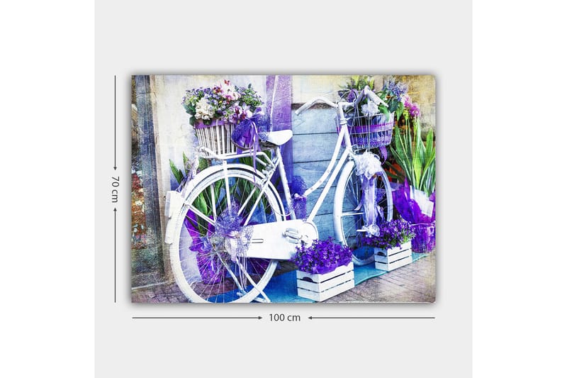 Canvastavla 70x100 cm - Vit cykel dekorerad med blommor och lila detaljer - Lila / Vit - Inredning & dekor - Tavlor & konst - Canvastavla