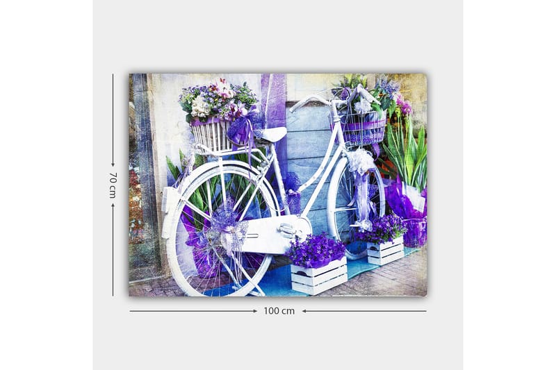 Canvastavla 70x100 cm - Vit cykel dekorerad med blommor och lila detaljer - Lila / Vit - Inredning & dekor - Tavlor & konst - Canvastavla
