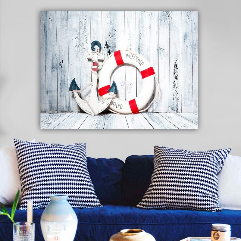 Canvastavla 70x100 cm - Vit livboj med röda detaljer och en ankarformad dekoration i marin stil - Vit / Röd / Blå - Inredning & dekor - Tavlor & konst - Canvastavla