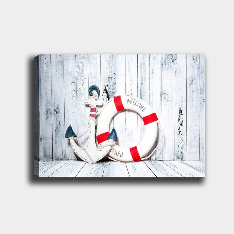 Canvastavla 70x100 cm - Vit livboj med röda detaljer och en ankarformad dekoration i marin stil, Vit / Röd / Blå
