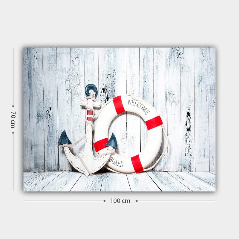 Canvastavla 70x100 cm - Vit livboj med röda detaljer och en ankarformad dekoration i marin stil - Vit / Röd / Blå - Inredning & dekor - Tavlor & konst - Canvastavla