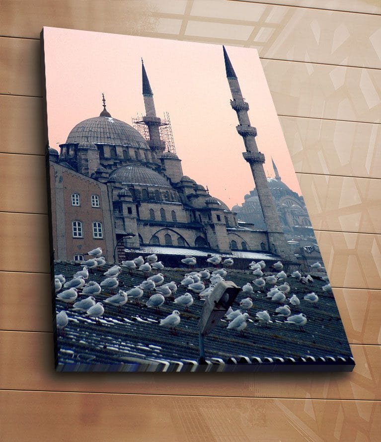 Canvastavla 70x100 cm - Vy av en historisk moské med fåglar som sitter på taket - Grå / Blå / Beige - Inredning & dekor - Tavlor & konst - Canvastavla