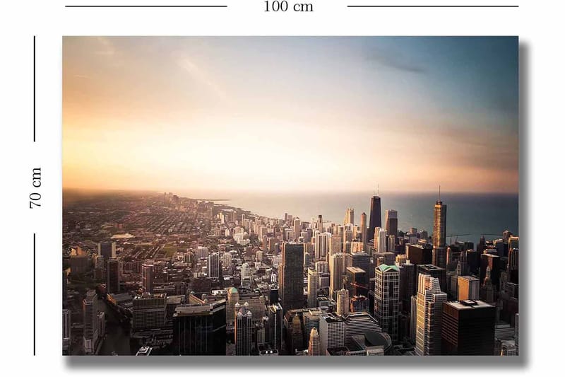 Canvastavla 70x100 cm - Panoramavy av en stad med höga skyskrapor och en solnedgång som skapar en dramatisk atmosfär - Blå / Orange / Grå - Inredning & dekor - Tavlor & konst - Canvastavla