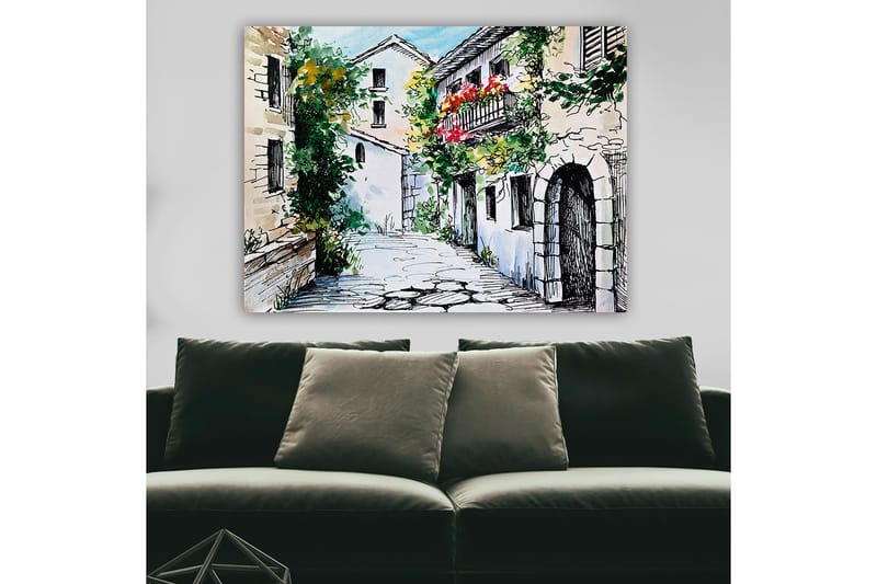 Canvastavla 70x100 cm - Pittoresk gränd med charmiga hus och blommande balkonger - Grön / Beige / Röd - Inredning & dekor - Tavlor & konst - Canvastavla