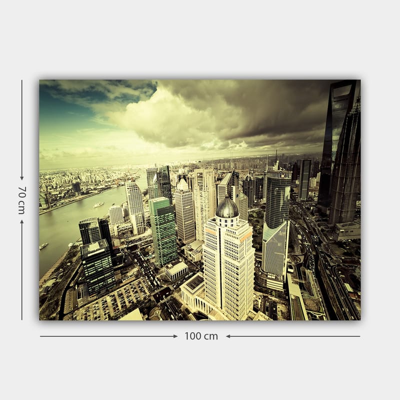 Canvastavla 70x100 cm - Panoramavy av en modern storstad med höga skyskrapor och en flod som flyter genom landskapet - Grön / Grå / Beige - Inredning & dekor - Tavlor & konst - Canvastavla