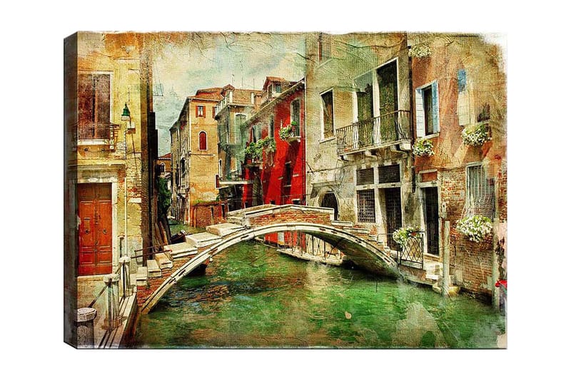 Canvastavla 70x100 cm - Pittoresk kanal med en bro omgiven av färgglada byggnader i Venedig, Röd / Grön / Beige