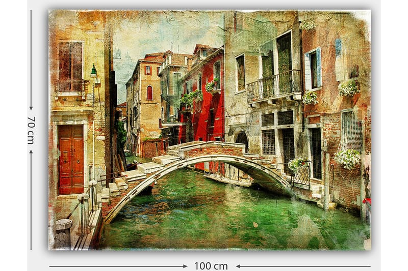 Canvastavla 70x100 cm - Pittoresk kanal med en bro omgiven av färgglada byggnader i Venedig - Röd / Grön / Beige - Inredning & dekor - Tavlor & konst - Canvastavla