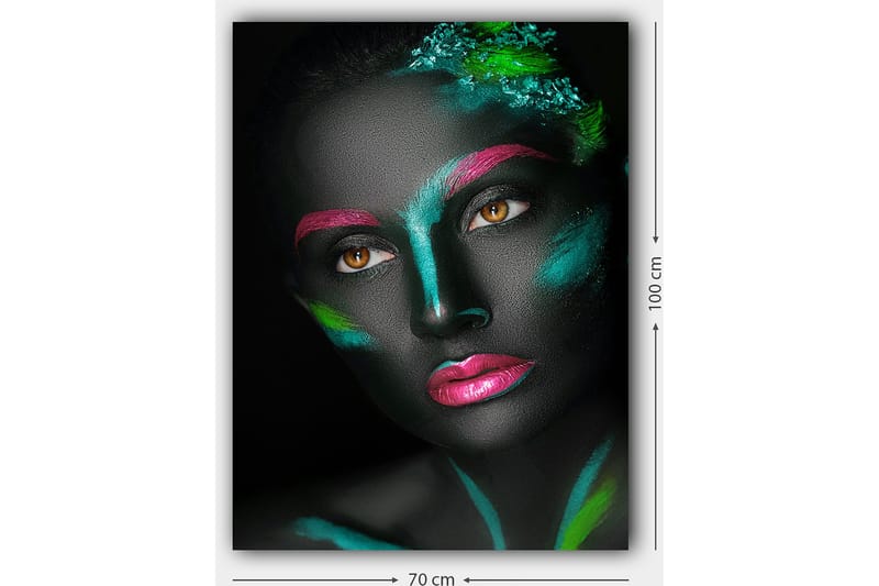Canvastavla 70x100 cm - Porträtt av en kvinna med färgglad ansiktsmålning på en svart bakgrund - Svart / Rosa / Grön - Inredning & dekor - Tavlor & konst - Canvastavla