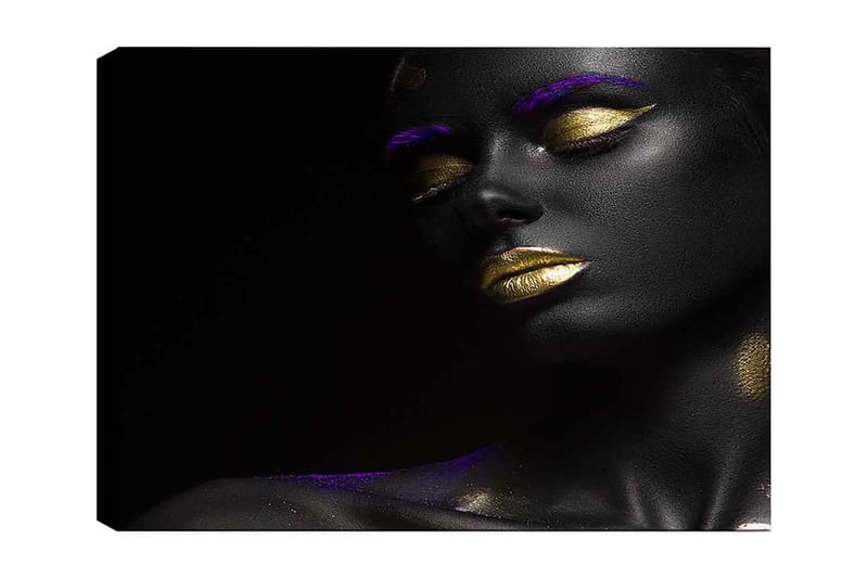 Canvastavla 70x100 cm - Porträtt av en kvinna med svart hud och guldiga läppar, accentuerat med lila detaljer - Svart / Guld / Lila - Inredning & dekor - Tavlor & konst - Canvastavla