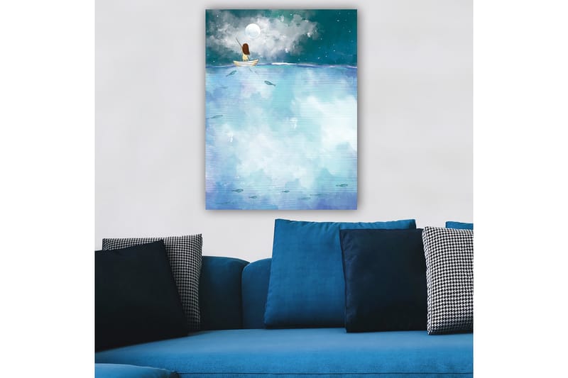 Canvastavla 70x100 cm - Person sitter i en båt under en stjärnklar natt med en stor måne ovanför - Mörkblå / Ljusblå / Vit - Inredning & dekor - Tavlor & konst - Canvastavla