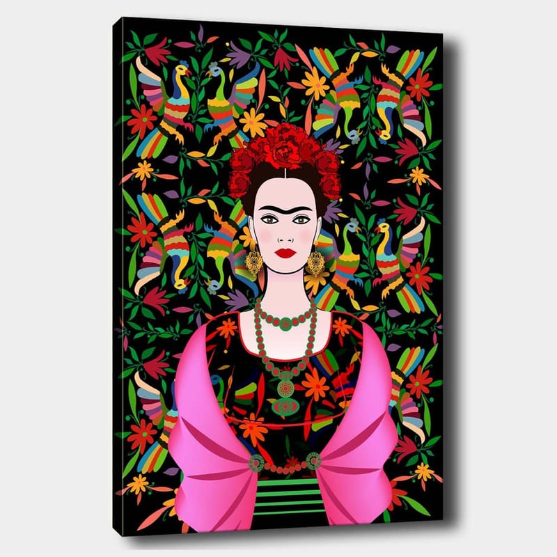 Canvastavla 70x100 cm - Porträtt av en kvinna med traditionella mexikanska inslag och färgglad bakgrund, Röd / Grön / Svart