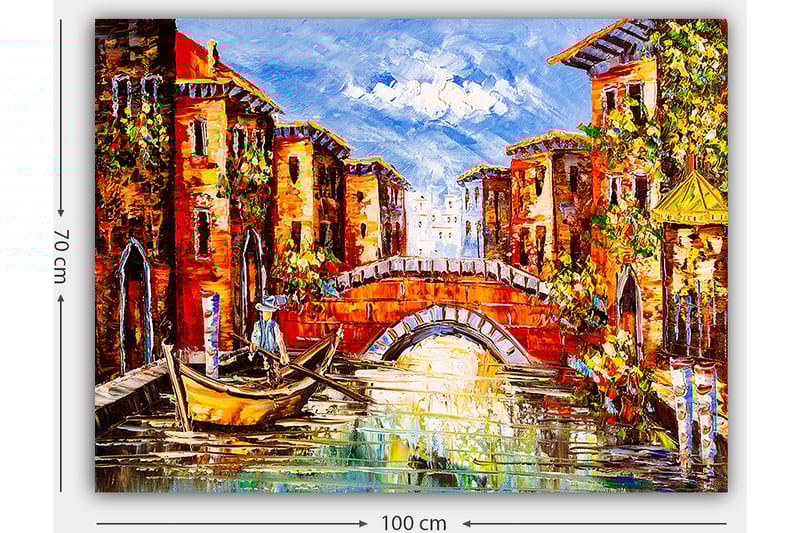 Canvastavla 70x100 cm - Pittoresk kanal med färgglada byggnader och en båt som glider fram under en bro - Orange / Blå / Grön - Inredning & dekor - Tavlor & konst - Canvastavla