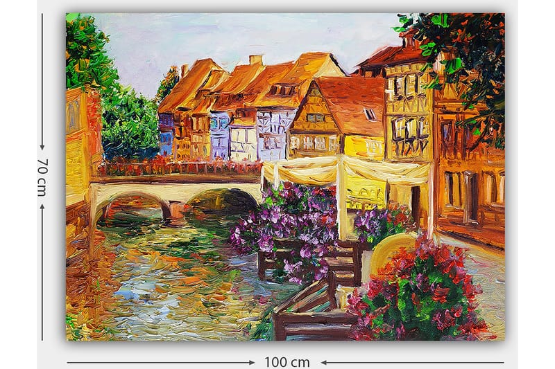 Canvastavla 70x100 cm - Pittoresk kanal med färgglada hus och blommor som pryder kanten - Grön / Lila / Orange - Inredning & dekor - Tavlor & konst - Canvastavla