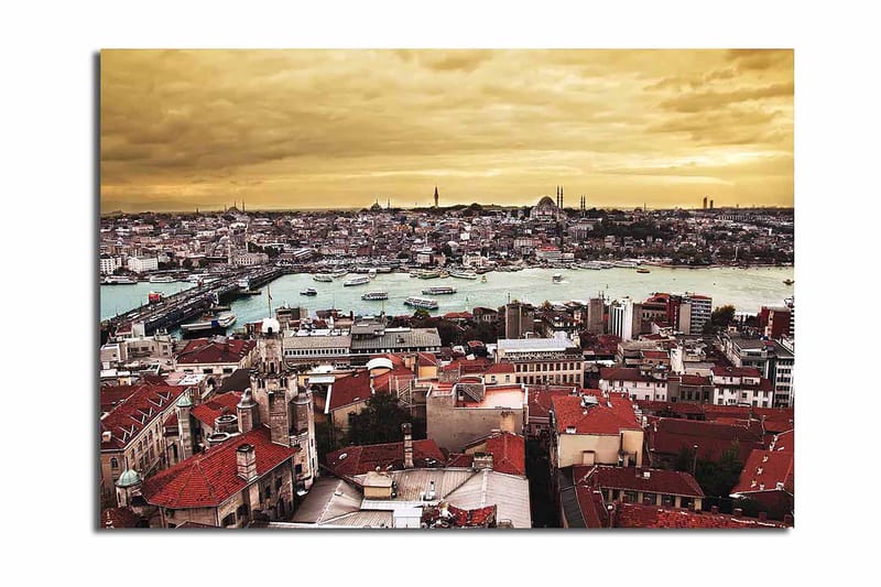 Canvastavla 70x100 cm - Panoramavy över Istanbul med tak av tegel och en glittrande vattenyta - Röd / Turkos / Guld - Inredning & dekor - Tavlor & konst - Canvastavla