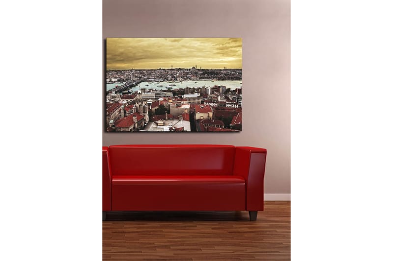 Canvastavla 70x100 cm - Panoramavy över Istanbul med tak av tegel och en glittrande vattenyta - Röd / Turkos / Guld - Inredning & dekor - Tavlor & konst - Canvastavla