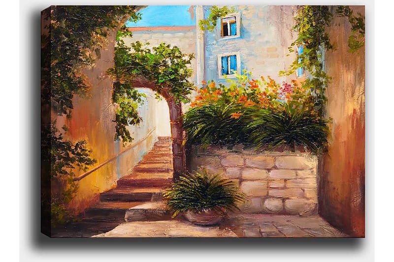Canvastavla 70x100 cm - Pittoresk gränd med trappor omgiven av grönska och blommor - Grön / Beige / Orange - Inredning & dekor - Tavlor & konst - Canvastavla