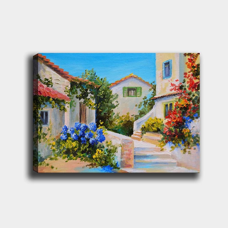 Canvastavla 70x100 cm - Pittoresk byscen med färgglada hus och blomstrande växter - Blå / Grön / Gul - Inredning & dekor - Tavlor & konst - Canvastavla