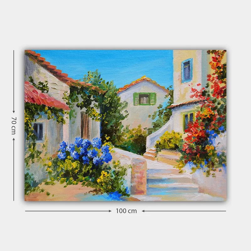 Canvastavla 70x100 cm - Pittoresk byscen med färgglada hus och blomstrande växter - Blå / Grön / Gul - Inredning & dekor - Tavlor & konst - Canvastavla