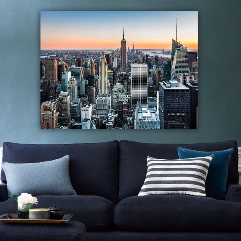 Canvastavla 70x100 cm - Panoramavy av New York City med ikoniska skyskrapor i solnedgångens ljus - Blå / Grå / Orange - Inredning & dekor - Tavlor & konst - Canvastavla