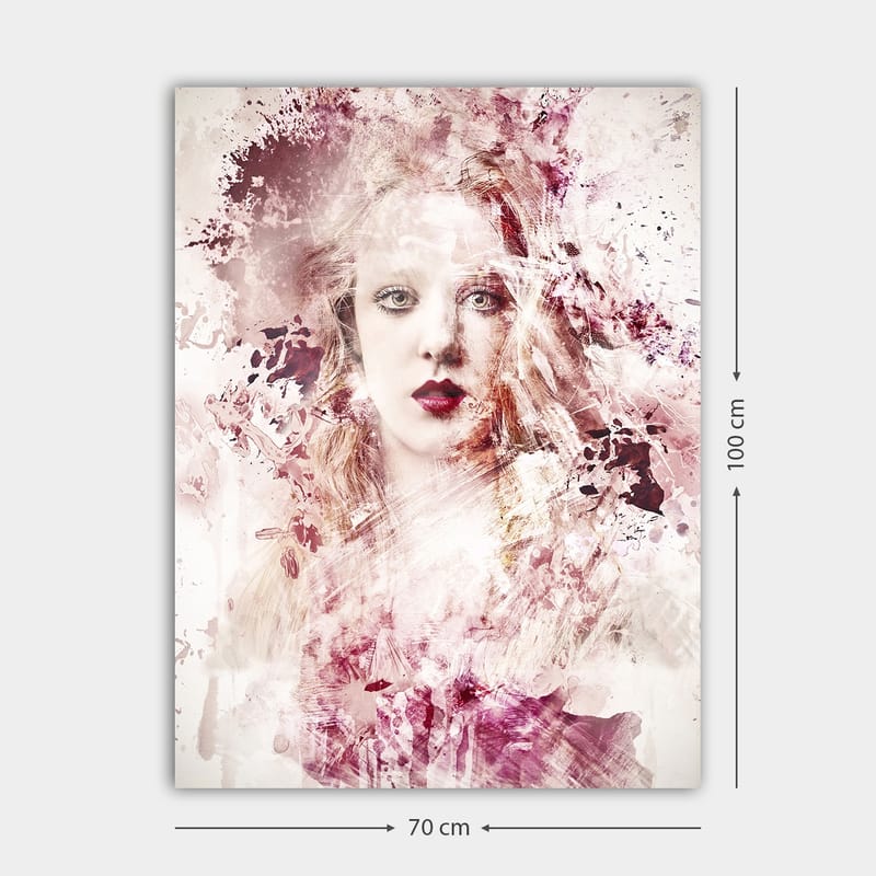 Canvastavla 70x100 cm - Porträtt av en kvinna med dramatiska färgtoner och abstrakta inslag - Djupröd / Ljusrosa / Vit - Inredning & dekor - Tavlor & konst - Canvastavla