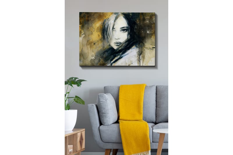 Canvastavla 70x100 cm - Porträtt av en kvinna med en mystisk och intensiv blick - Mörkblå / Beige / Vit - Inredning & dekor - Tavlor & konst - Canvastavla