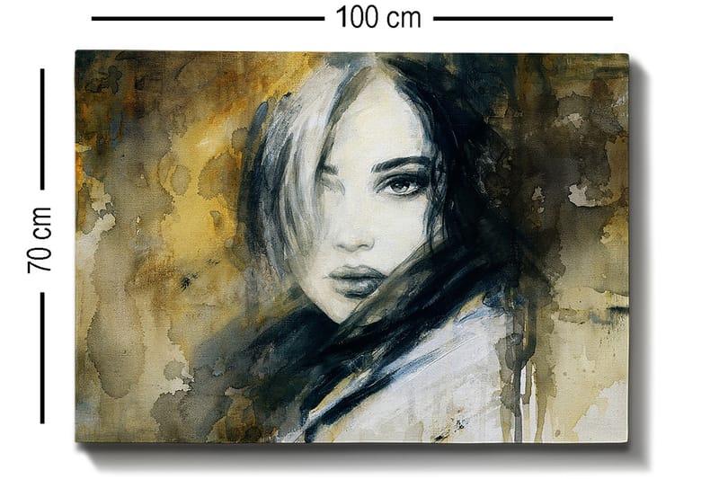 Canvastavla 70x100 cm - Porträtt av en kvinna med en mystisk och intensiv blick - Mörkblå / Beige / Vit - Inredning & dekor - Tavlor & konst - Canvastavla