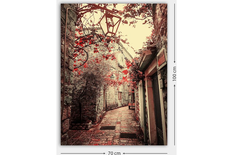 Canvastavla 70x100 cm - Pittoresk gränd kantad av gamla byggnader och blommor i röd nyans - Röd / Beige - Inredning & dekor - Tavlor & konst - Canvastavla