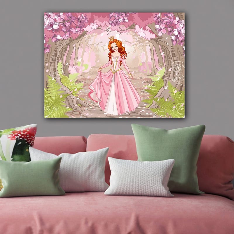 Canvastavla 70x100 cm - Prinsessa i en rosa klänning som promenerar genom en blomstrande skog - Rosa / Grönt / Brunt - Inredning & dekor - Tavlor & konst - Canvastavla