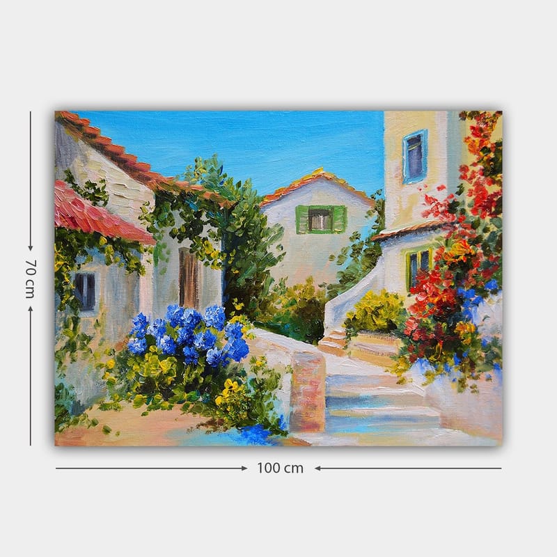 Canvastavla 70x100 cm - Pittoresk byscen med färgglada hus och blomstrande växter - Blå / Grön / Gul - Inredning & dekor - Tavlor & konst - Canvastavla