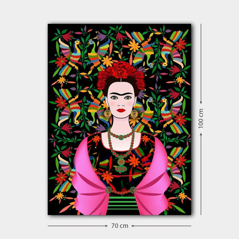 Canvastavla 70x100 cm - Porträtt av en kvinna med traditionella mexikanska inslag och färgglad bakgrund - Röd / Grön / Svart - Inredning & dekor - Tavlor & konst - Canvastavla