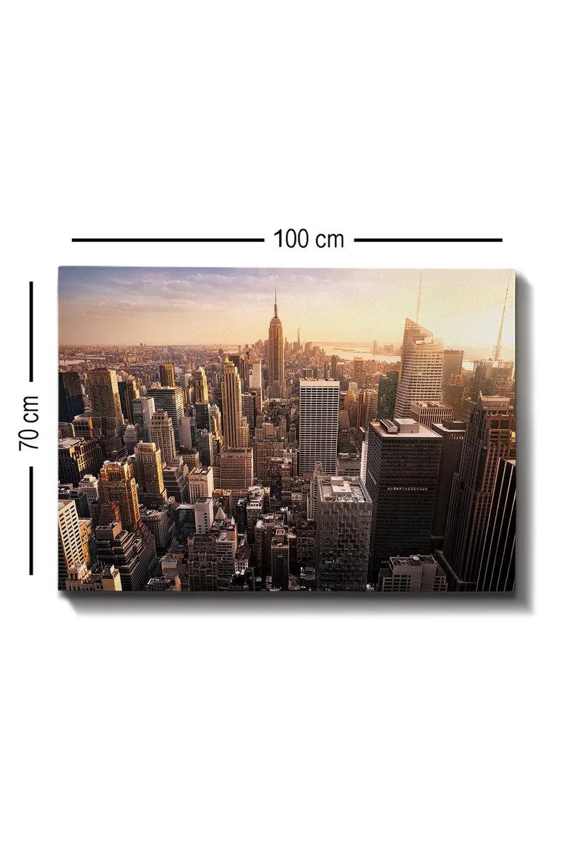 Canvastavla 70x100 cm - Panoramavy av en stad med skyskrapor och den ikoniska Empire State Building i solnedgången - Guld / Grå / Blå - Inredning & dekor - Tavlor & konst - Canvastavla