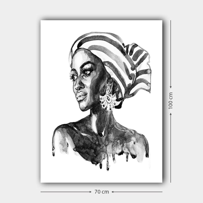 Canvastavla 70x100 cm - Porträtt av en kvinna med ett mönstrat huvudduk och eleganta smycken - Svart / Vitt - Inredning & dekor - Tavlor & konst - Canvastavla